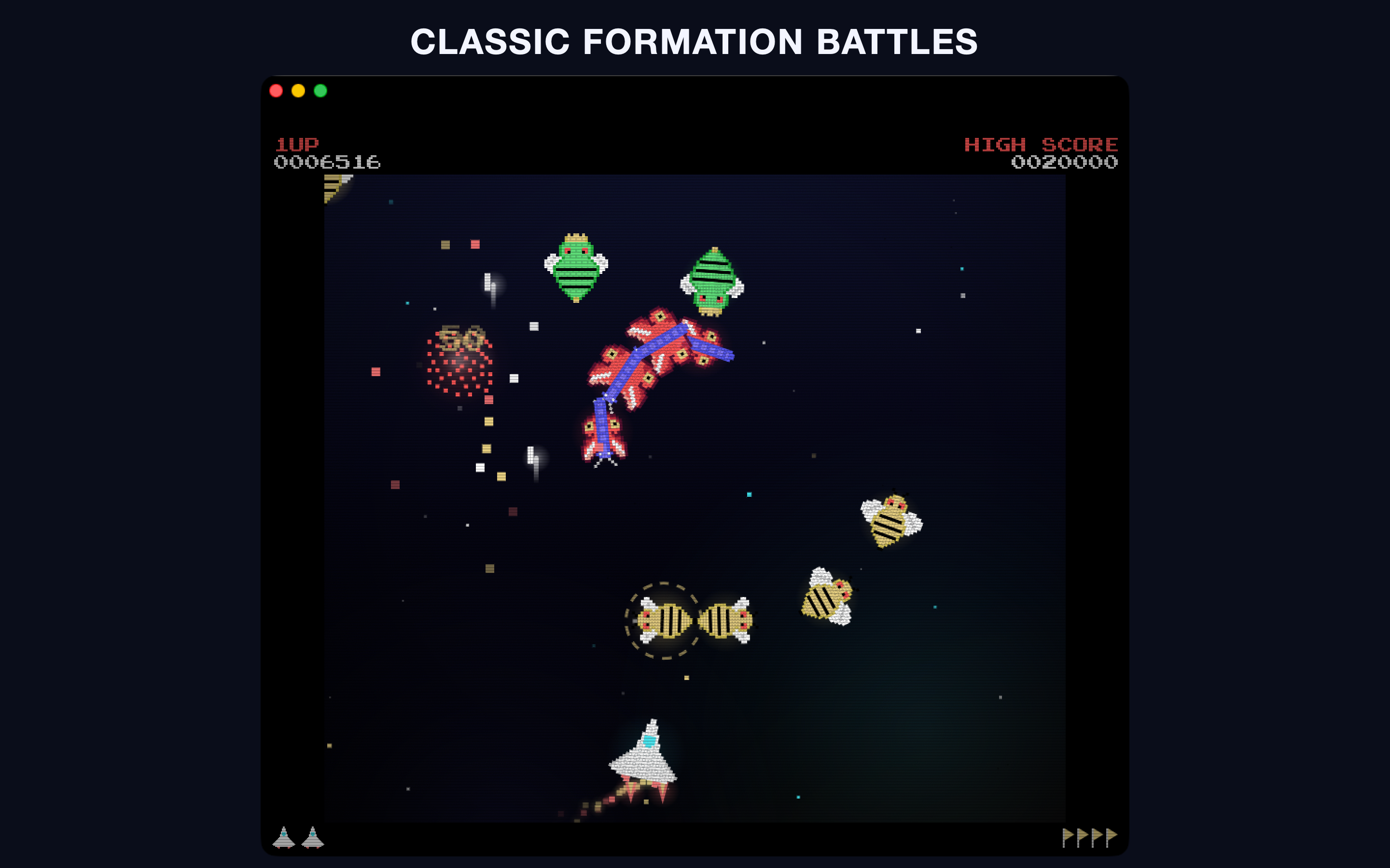A grid of bee and wasp enemies in formation above the player ship