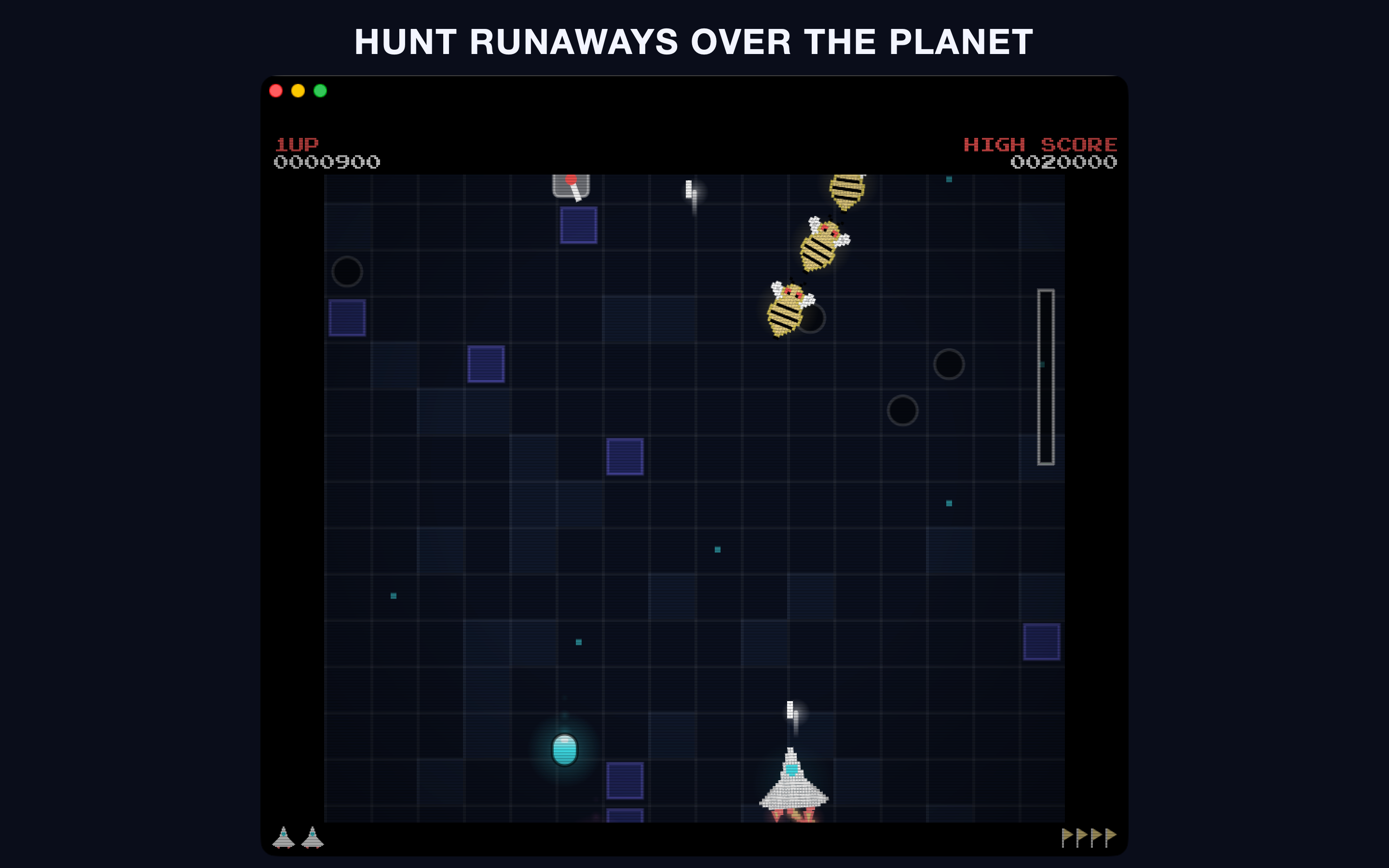 The player ship chasing runaway enemies over a planet surface grid