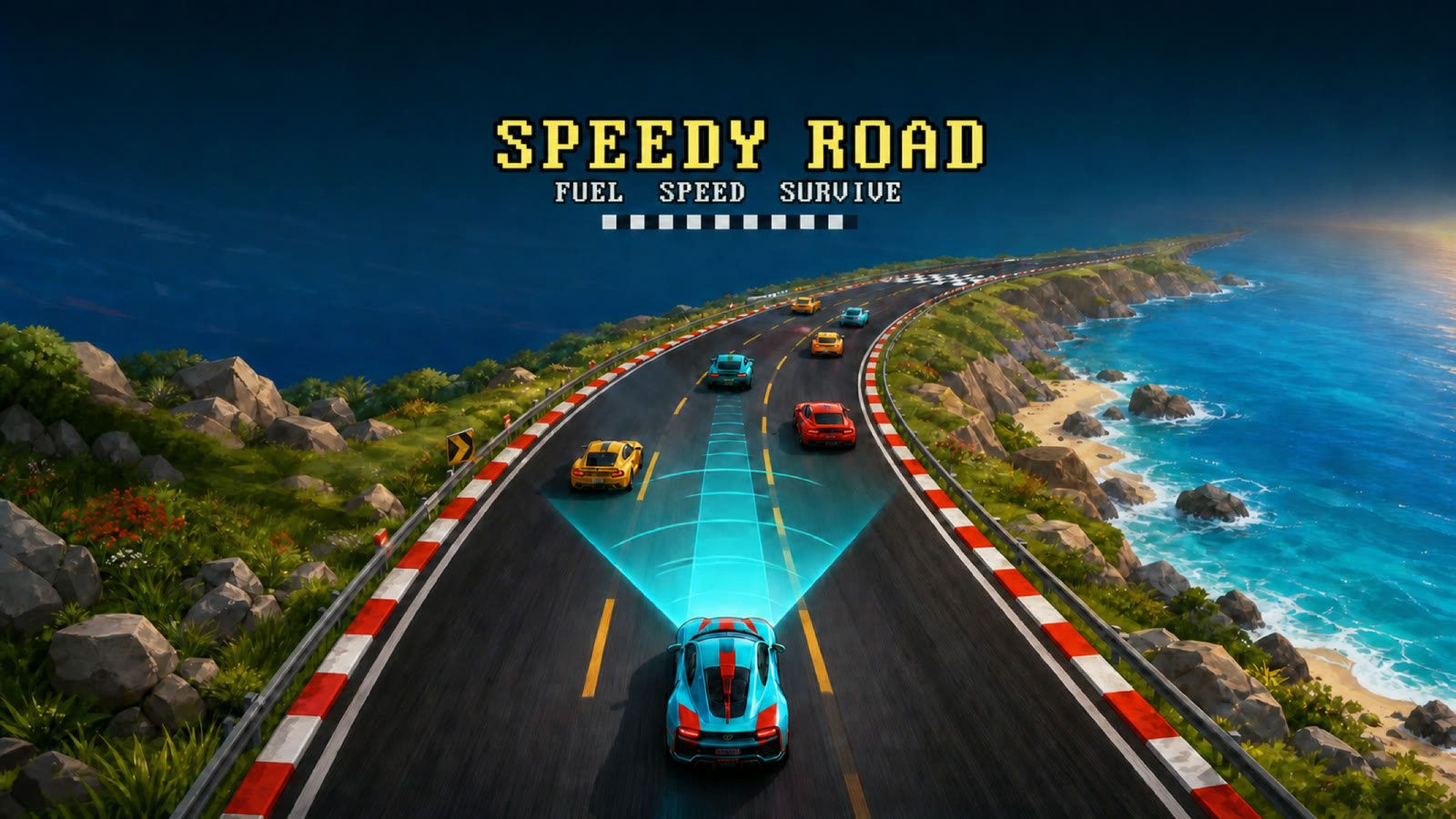 Sports cars racing along a coastal road in Speedy Road