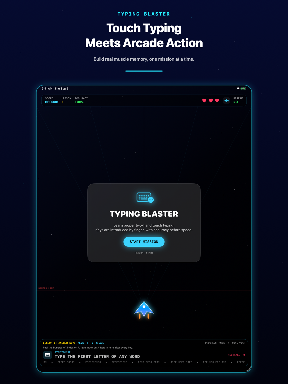 Typing Blaster title screen introducing two-hand touch typing on iPad