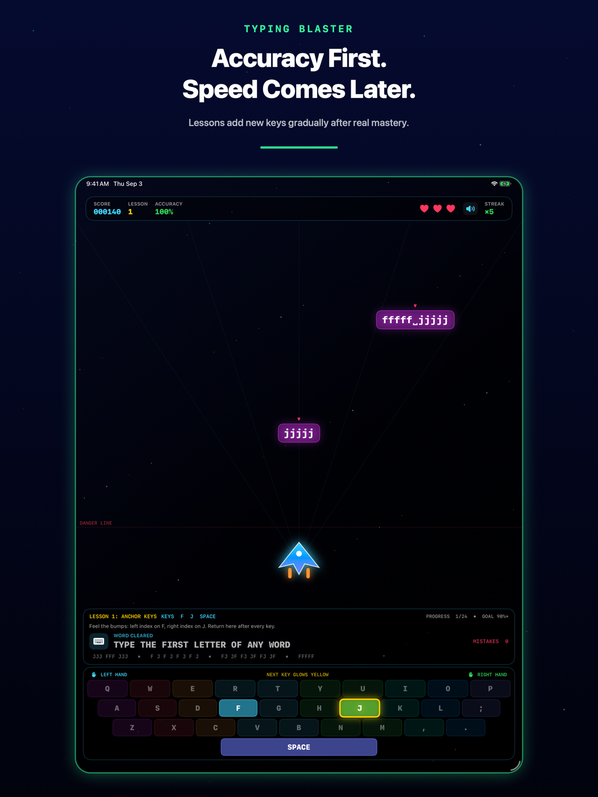 Typing Blaster accuracy-first lesson with slowly descending drills