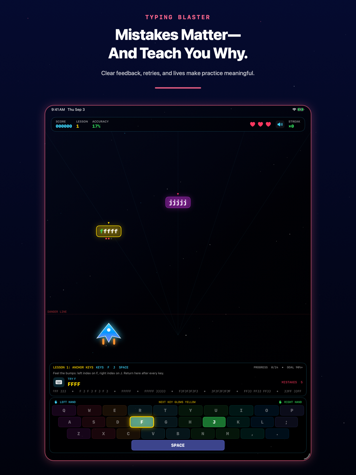 Typing Blaster showing clear mistake feedback and finger guidance